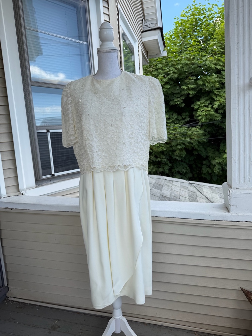 Vintage Talbots Ivory/Cream Lace-Overlay Midi Dress Size 16
